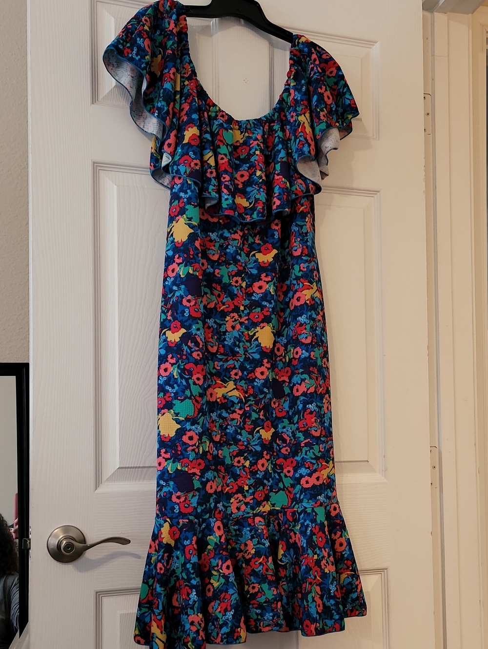 LuLaRoe Navy Blue Floral Midi Dress with Ruffle Neckline